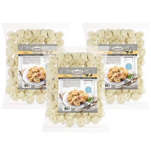 BARIN Set 3x PELMENI Elita Nudelteigtaschen mit Schweine und Jungbullenfleisch 3kg Handgefertigte Teigtaschen Tiefgefroren Traditionelles Gericht mit Natürlichen Zutaten Schnelle Zubereitung