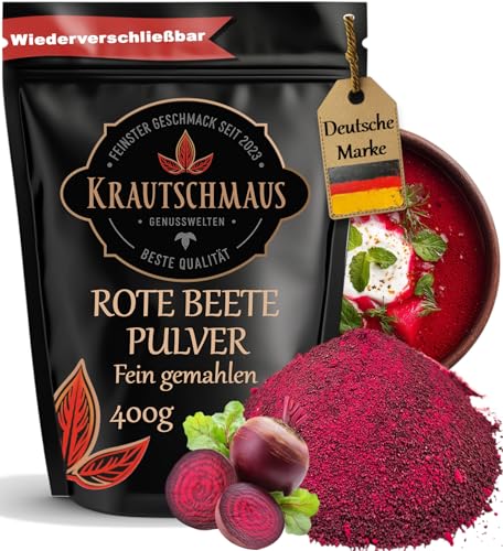 400g Rote Beete Pulver von Krautschmaus, zum Färben, Würzen und Kochen, schonend getrocknet und gemahlen, intensive Farbe, für Desserts, Smoothies und Joghurts, ohne Zusatzstoffe