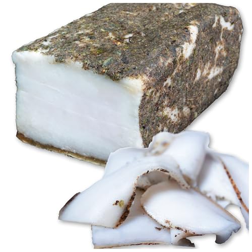 Gereifter Rückenspeck „Großvaters Liebling“ – Mit Kräutern mariniert – Mit Knoblauch und Lorbeer gewürzt – 2 Stück x 200 g – über längere Zeit in Salz gereift wird. Die Textur ist weich
